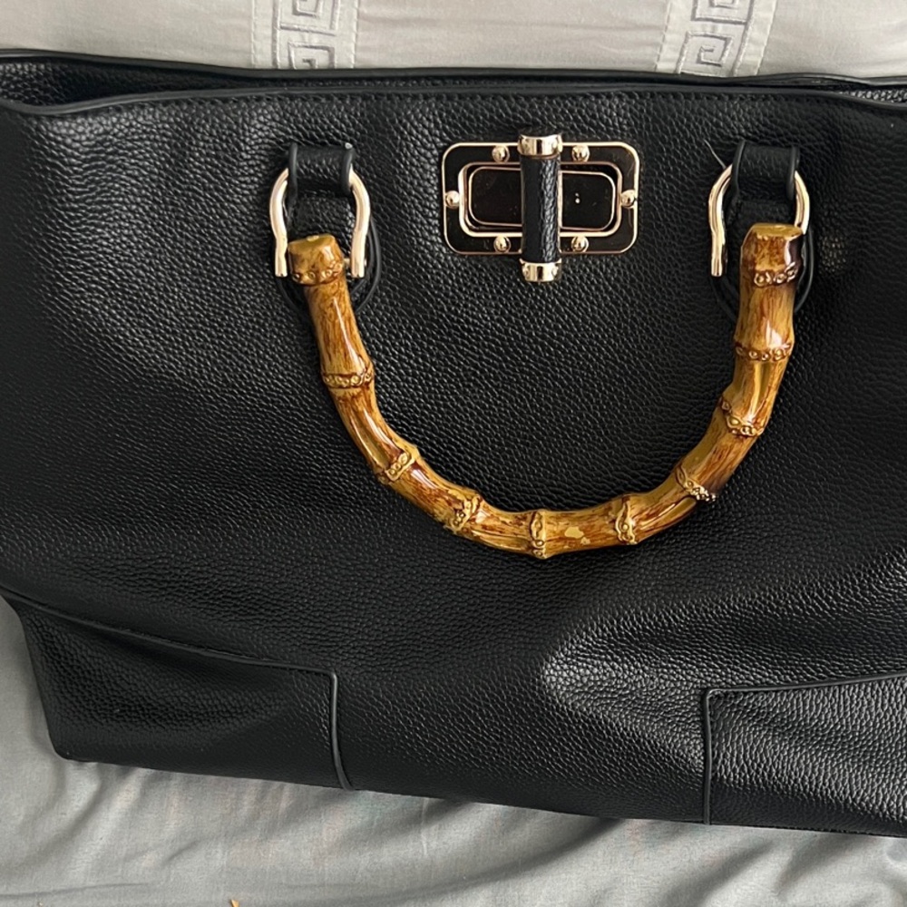 Elegant Black Leather Tote with Bamboo Handles
